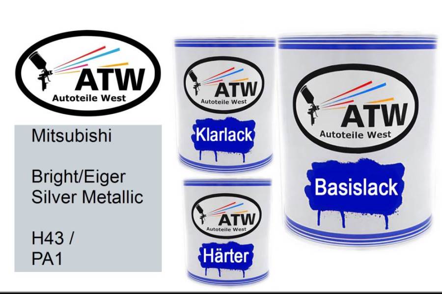 Mitsubishi, Bright/Eiger Silver Metallic, H43 / PA1: 1L Lackdose + 1L Klarlack + 500ml Härter - Set, von ATW Autoteile West.